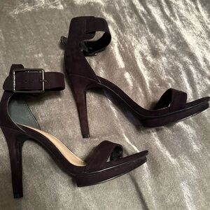 Calvin Klein, black suede, ankle-strap, 4” platform heels.  Like new!  Size 6.